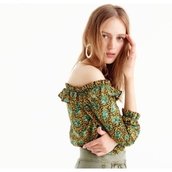 J. Crew Ratti Elephant Print Blouse Woman’s size 14 green off shoulder button up - Picture 13 of 14